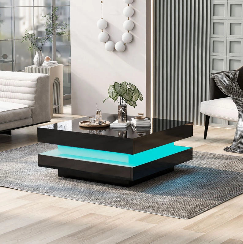 Tavolino da caffè quadrato con LED Bluetooth; 70x70x36 cm; truciolare nero