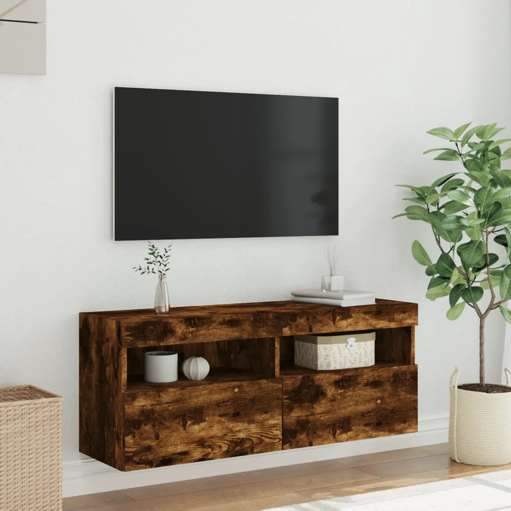 Mobile TV a Parete con Luci LED-Mobile TV a Muro Rovere Fumo 100x30x40 cm
