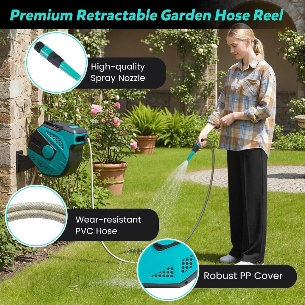 Avvolgitubo da Giardino Automatico a Muro, Tubo in PVC 20/30 M con Tubo di Alimentazione 2 M, Supporto Girevole a 180°, Ritorno Lento, Avvolgitubo Acqua Retrattile con Ugello Spray (20 M)