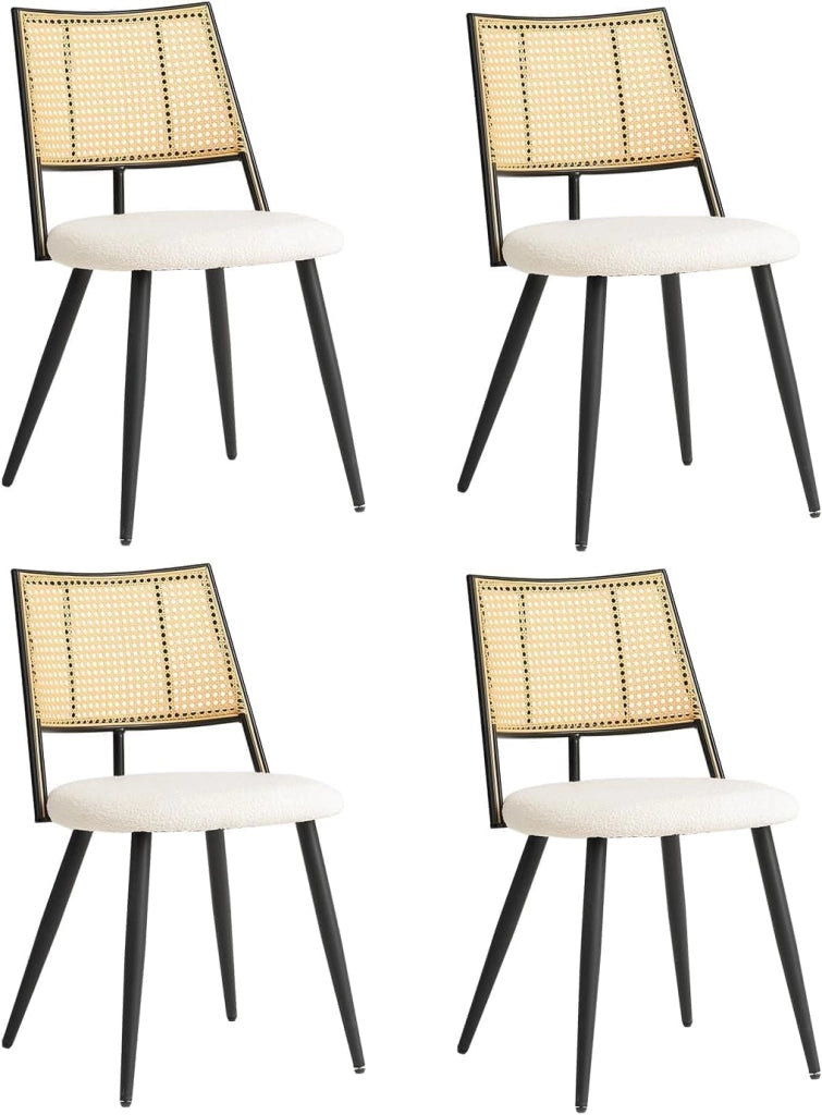 GrandCA HOME Set di 4 Sedie con Seduta Imbottita in Rattan,Struttura in Metallo Nero e Schienale in Rattan Naturale. Adatto a Cucina,Soggiorno, Sala da Pranzo e camera da letto #02