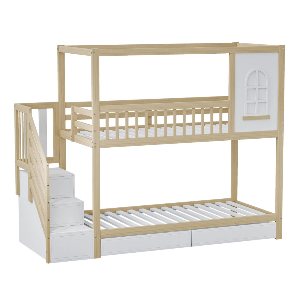 Letto a castello 90x200 cm legno naturale con cassetti e scala