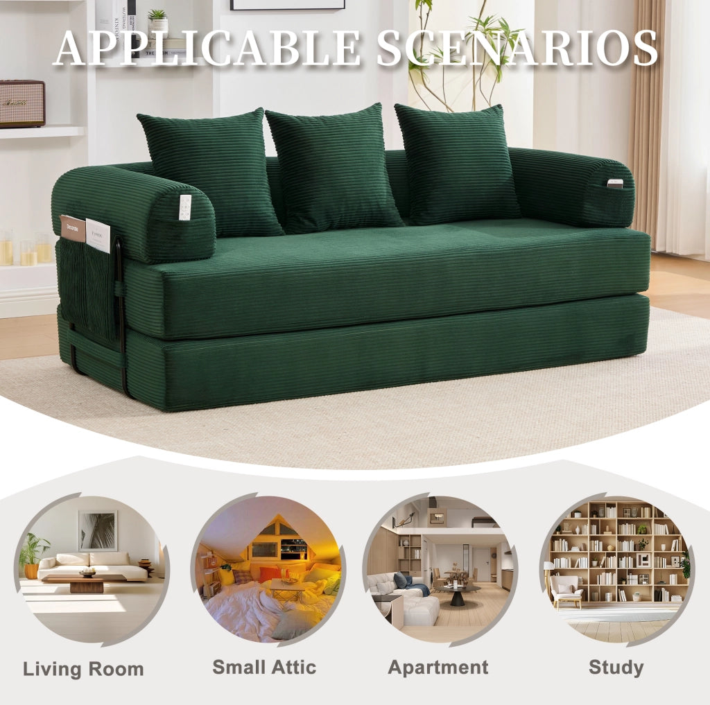 Divano modulare in velluto a coste 200x94x67 cm; colore Emerald con 3 cuscini
