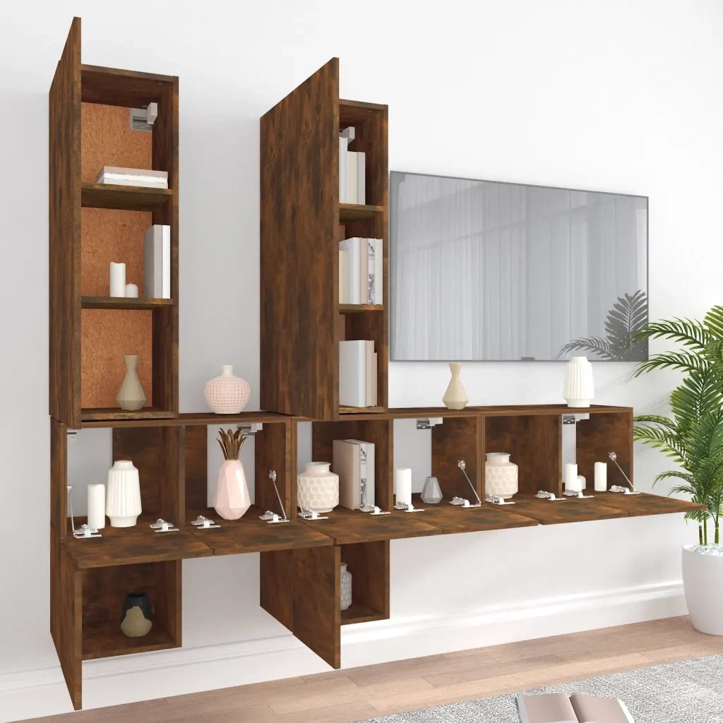 Set di Mobili Porta TV 7 pz Rovere Fumo in Legno Multistrato cod mxl 20313