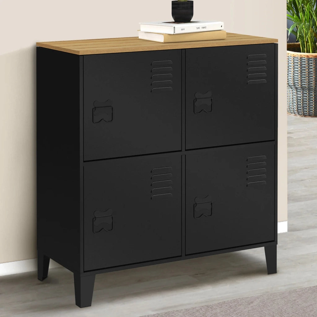 IDMarket - ESTER Credenza a 4 ante in metallo nero con piano in legno dal design industriale, altezza 70 cm