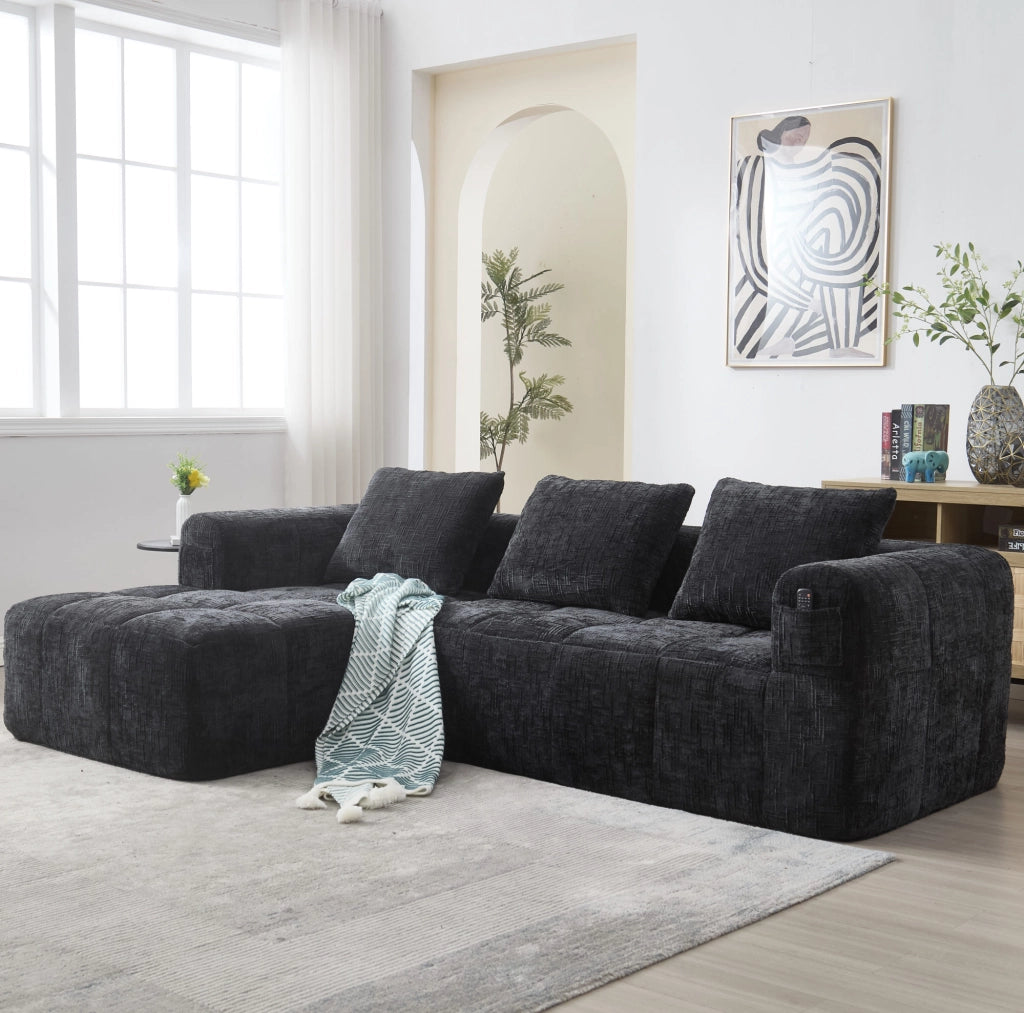 Divano modulare 3 posti con chaise longue in ciniglia nero