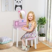 Toeletta per Bambine +3 Anni in Legno, Set Tavolo da Trucco Giocattolo con Specchio e Sgabello, Rosa