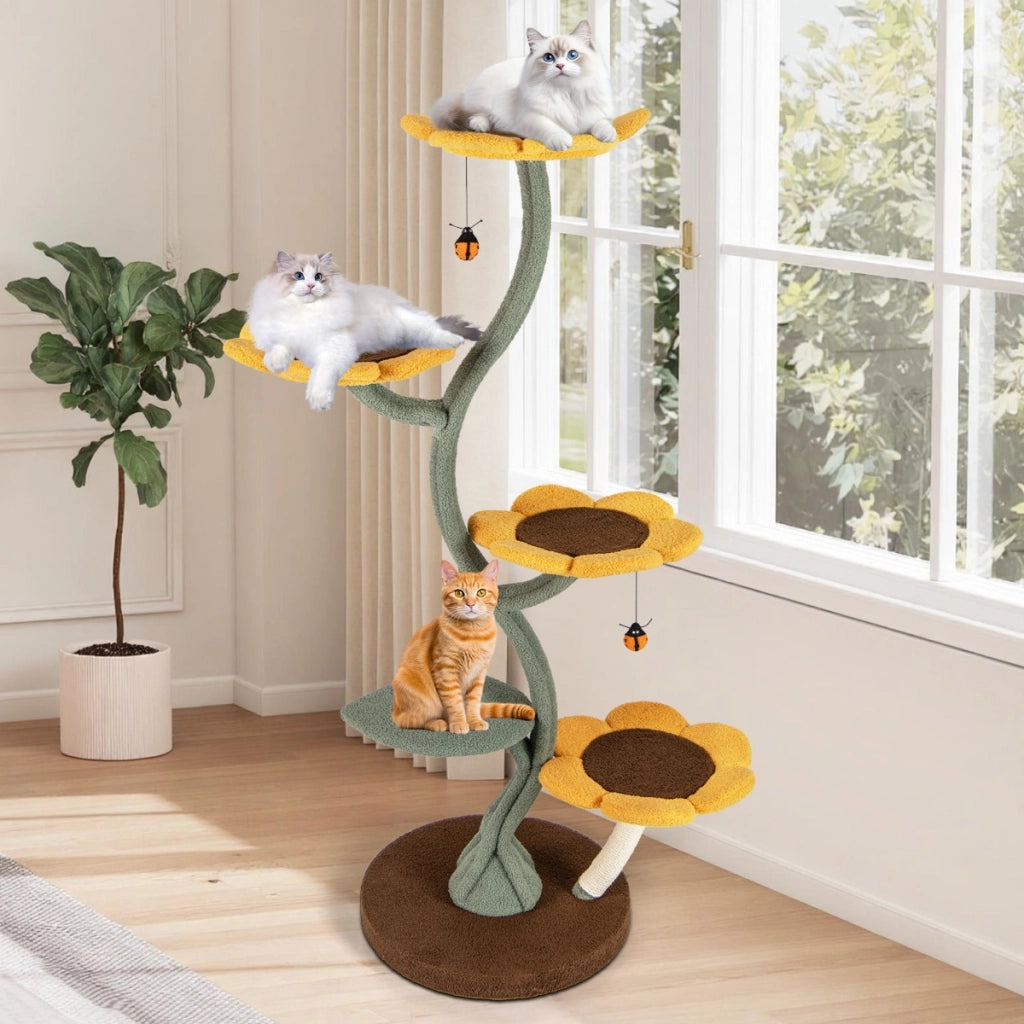 Torre multifunzionale per gatti di girasole con 4 piattaforme a forma di fiore, Torre mobili arrampicata per gatti-Alberi Tiragraffi