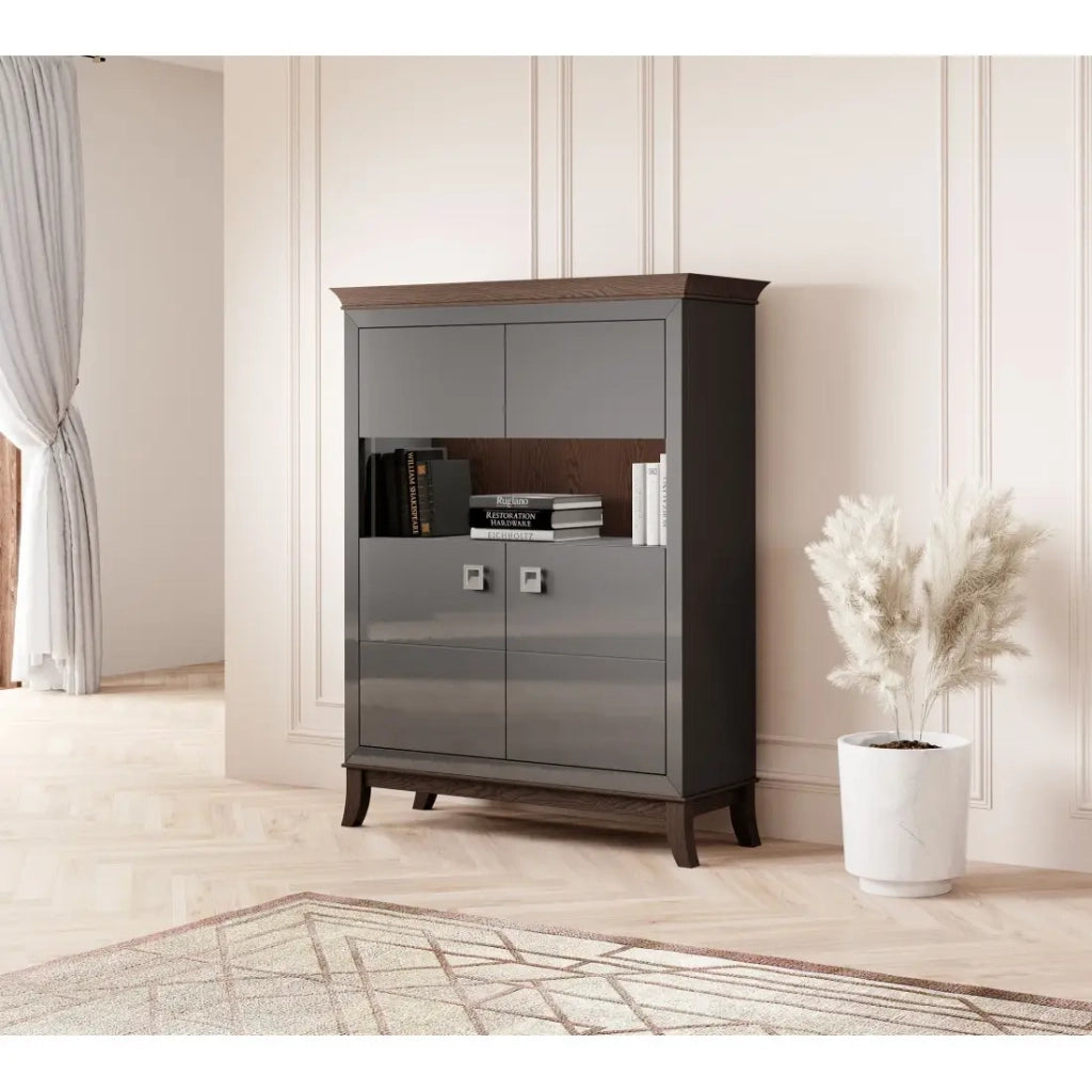 Buffet alto design con 2 ante per soggiorno, colore grigio e rovere scuro, collezione PALACE