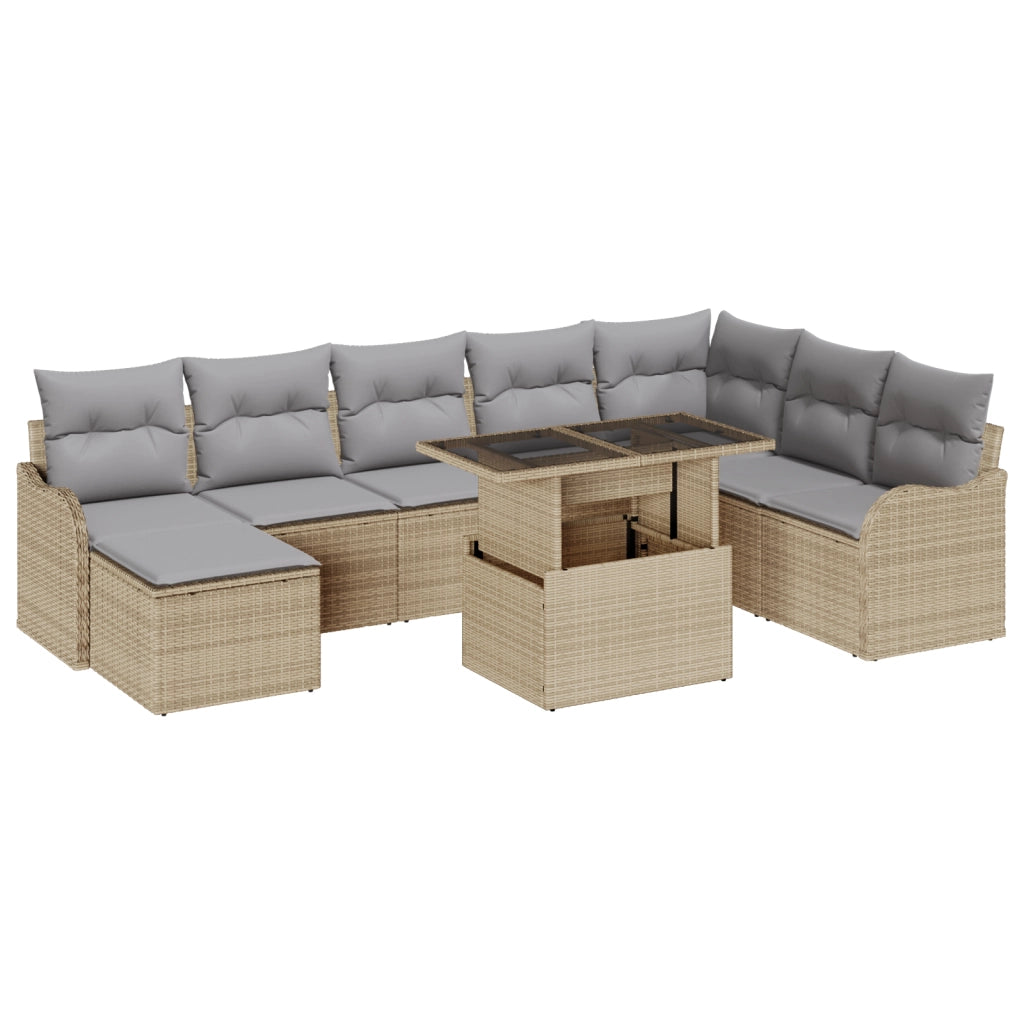 Set Divano da Giardino  9 Pezzi con Cuscini Beige Rattan Sintetico
