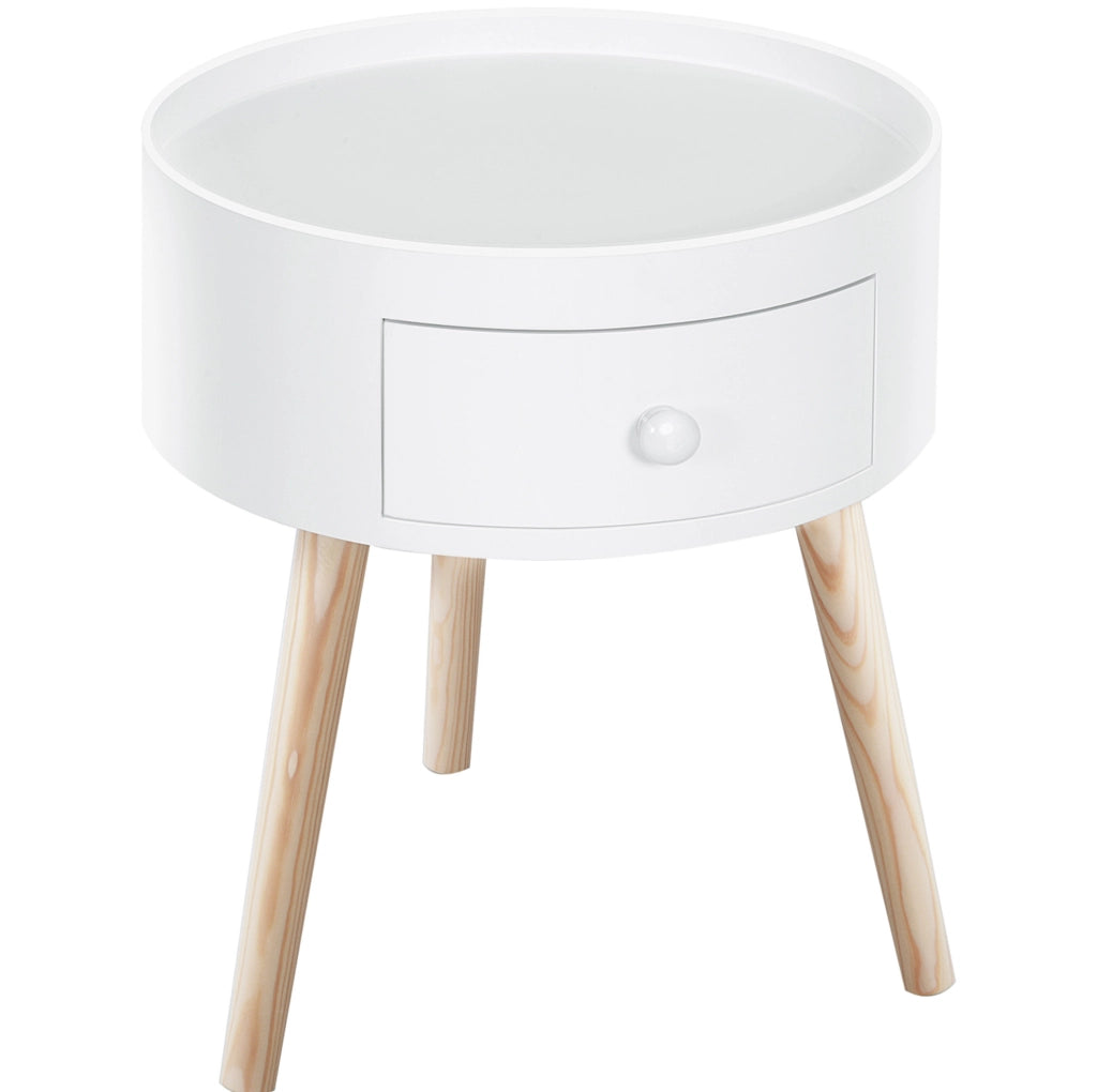 Tavolino rotondo con cassetto in legno bianco