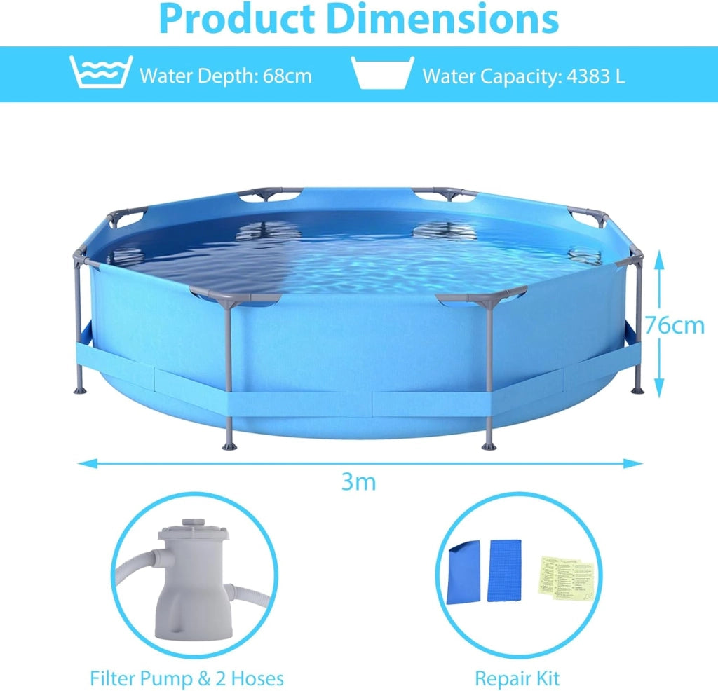 Piscina Fuori Terra, Piscina da Esterno Rotonda Ø300 X 76 CM, 4383L, Struttura in Metallo, PVC Resistente, con Pompa e Filtro, Blu