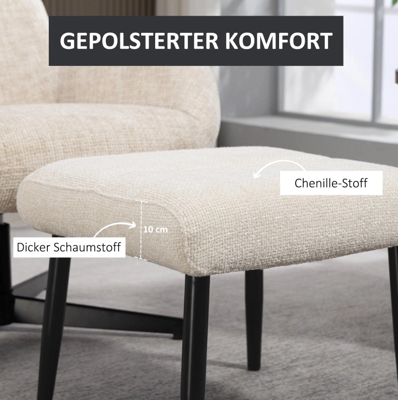 Pouf con cuscino in ciniglia e gambe in acciaio color crema