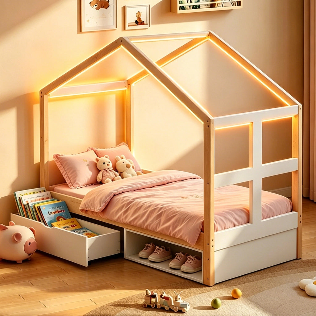 Letto per bambini 90 × 190 cm con cassetto contenitore, scarpiera e LED multicolore, senza materasso, legno naturale