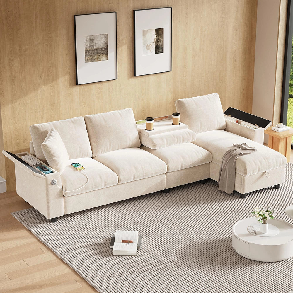 Divano angolare in L - Xylo - Chenille, USB-C, tavolo ribaltabile, beige