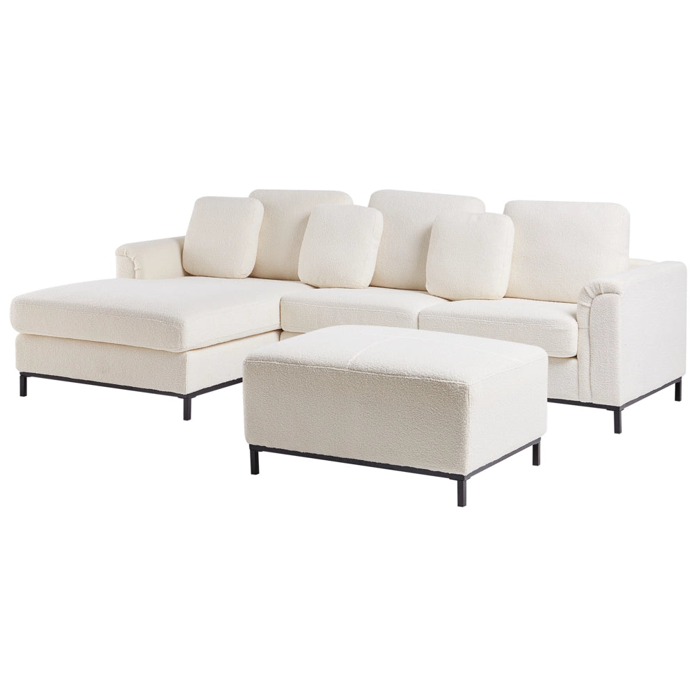 Divano angolare in tessuto bouclè bianco 5 posti versione destra forma a L con pouf