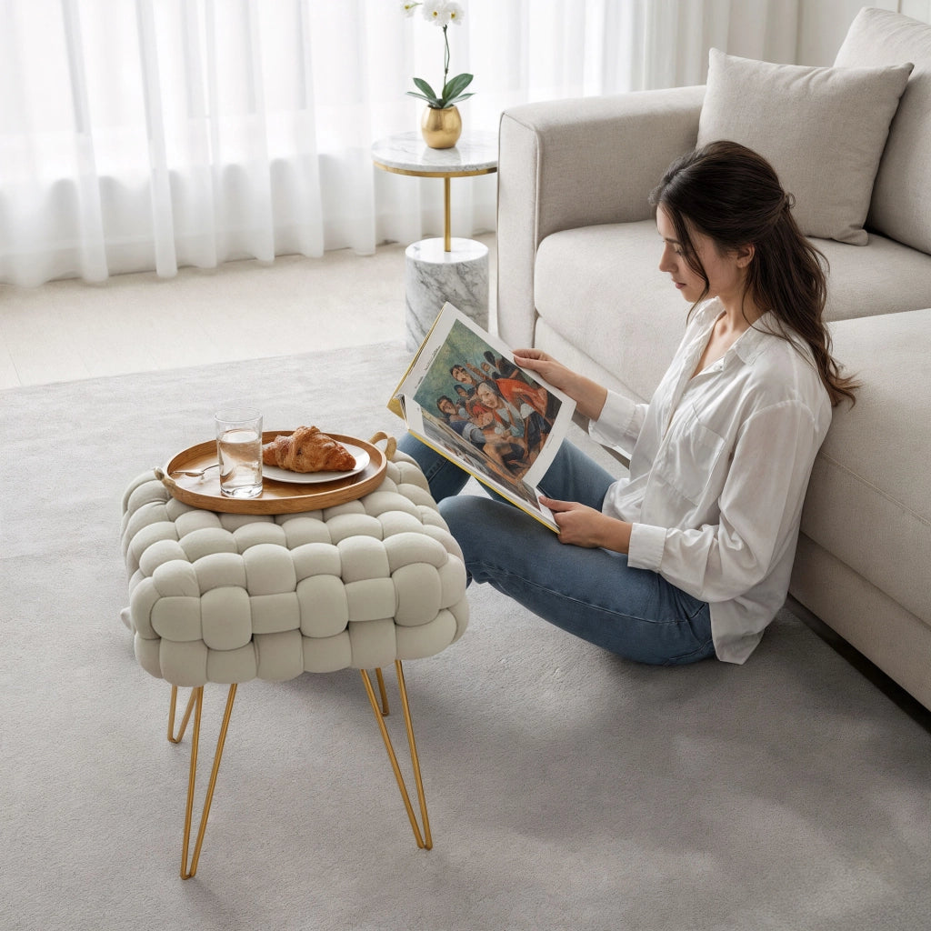 Pouf sgabello in velluto intrecciato 38 cm DOTTY Crema