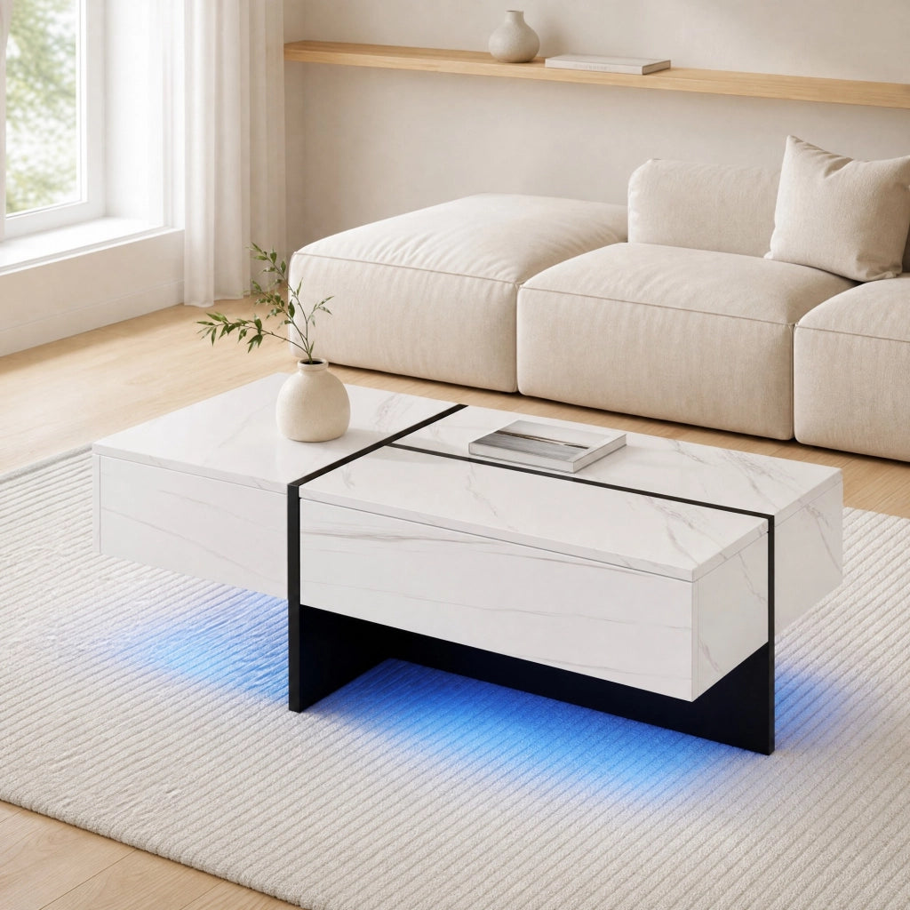 Tavolino da salotto bianco lucido con LED e 3 cassetti