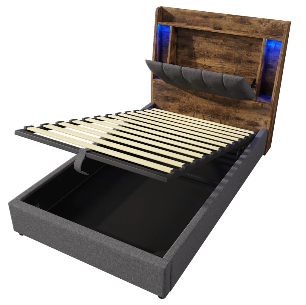 Letto imbottito 90x200 cm con ricarica USB e Type-C; LED e contenitore in lino e MDF