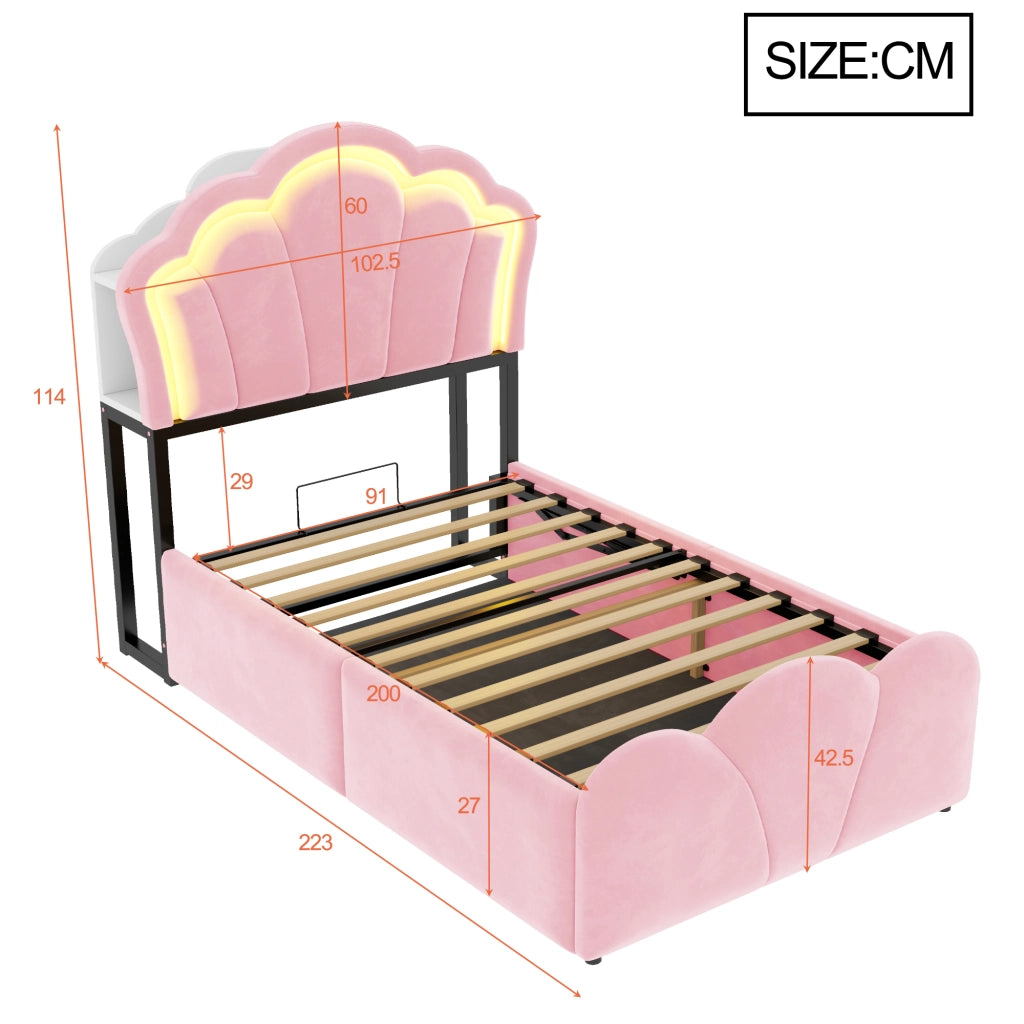 LETTO imbottito 90x200 cm in velluto rosa con LED, prese e contenitore idraulico