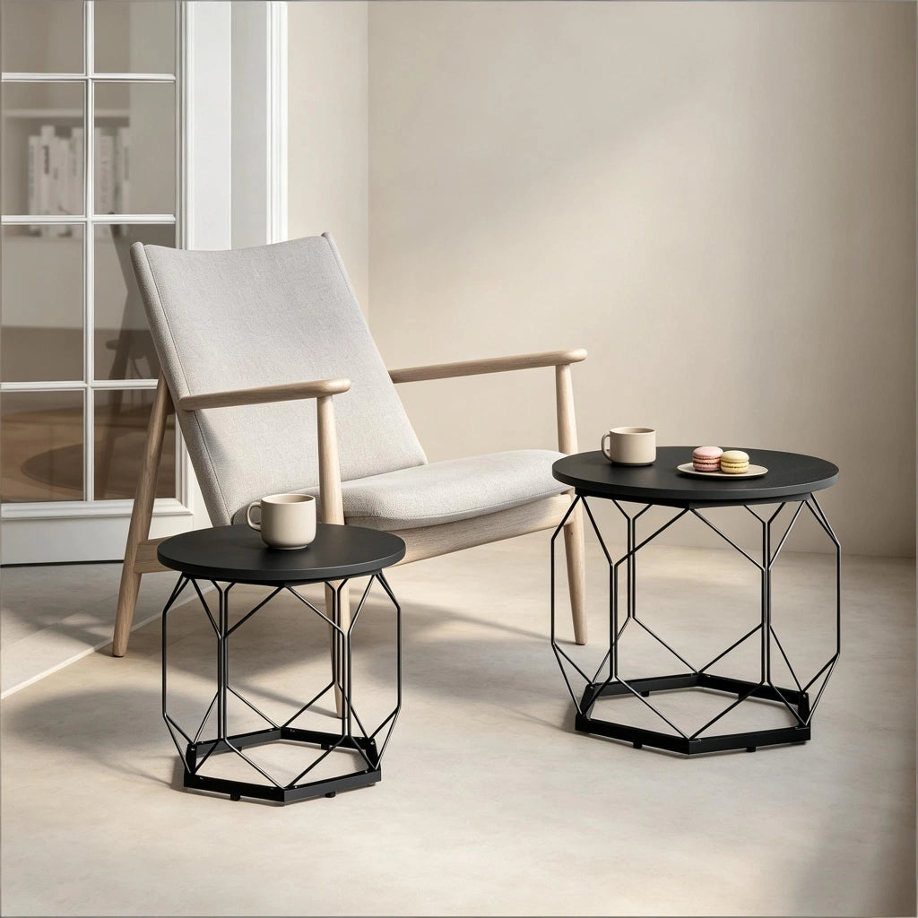 Set di 2 tavolini bassi rotondi in legno e metallo con piano rimovibile e vano contenitore per soggiorno e salotto nero
