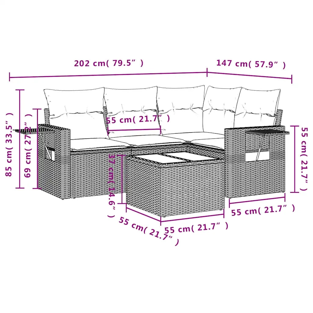 Set Divano da Giardino 5 pz con Cuscini-Sofa da Giardino-Divanetto da esterno Marrone in Polyrattan 609694