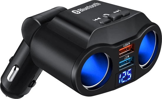 Accessorio di Accensione per Sigarette a Doppia Entrata con Bluetooth e Illuminazione a LED 12V/24V - Con Trasmettitore FM - 2 Ingressi per Sigarette - 2 Porte USB