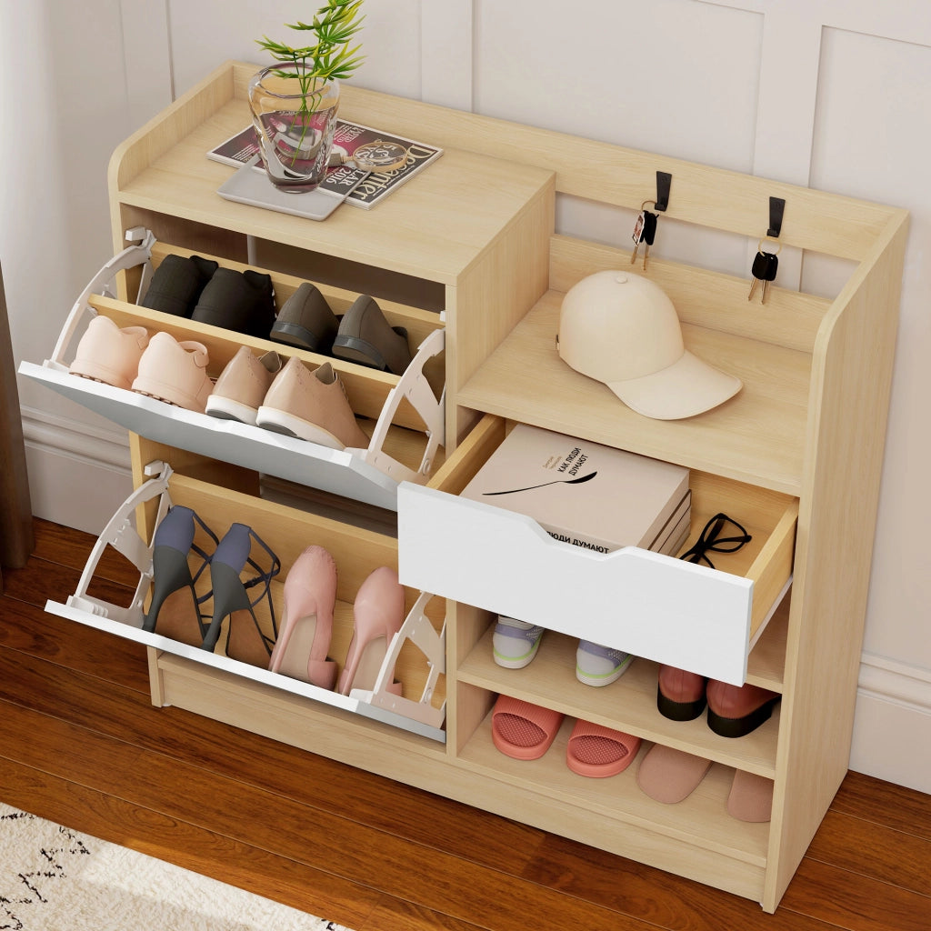 Scarpiera Ingresso con Cassetto Appendiabiti 4 Ganci 14 Paia ¨C Xylo ¨C Legno Naturale Bianco