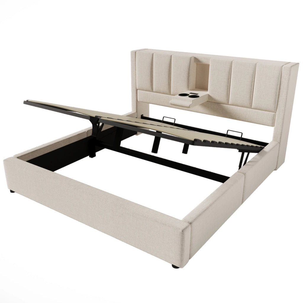 Letto matrimoniale imbottito 140x190 cm in lino beige con contenitore; porta bicchieri e presa di ricarica