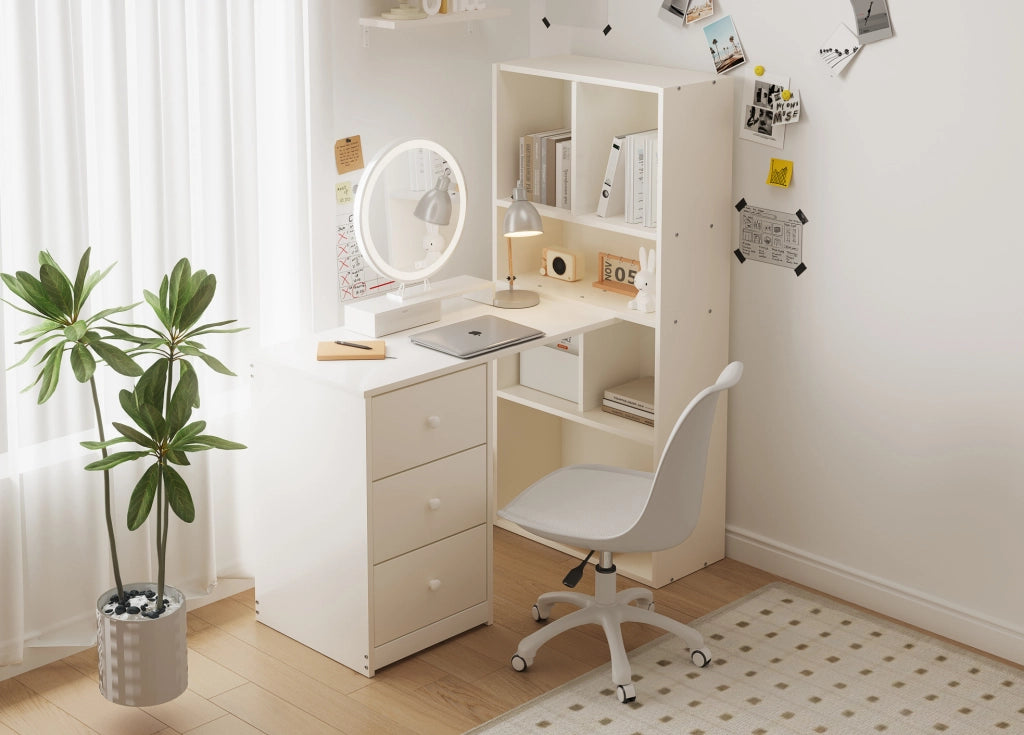 Scrivania angolare con libreria, 3 cassetti, bianca 117×63×135 cm