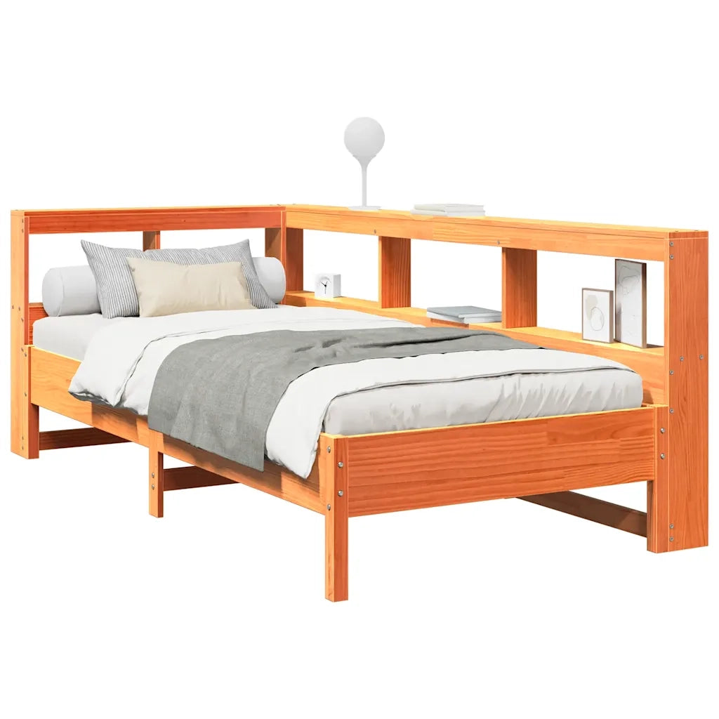 Letto Libreria senza Materasso-Struttura Letto con contenitore Marrone Cera 90x200 cm in Pino 505392