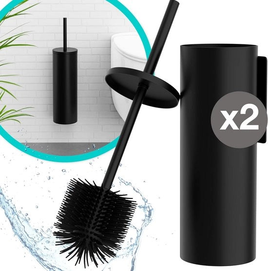 Set di spazzole per wc da parete da 2 con holder in silicone e metallo nero senza perforazione - adesivo da parete con viti