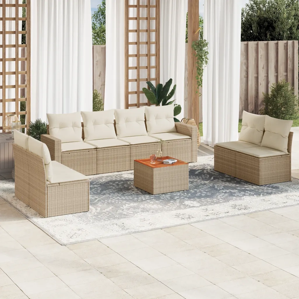 Set Divano da Giardino 9 pz con Cuscini Beige in Polyrattan 3256415