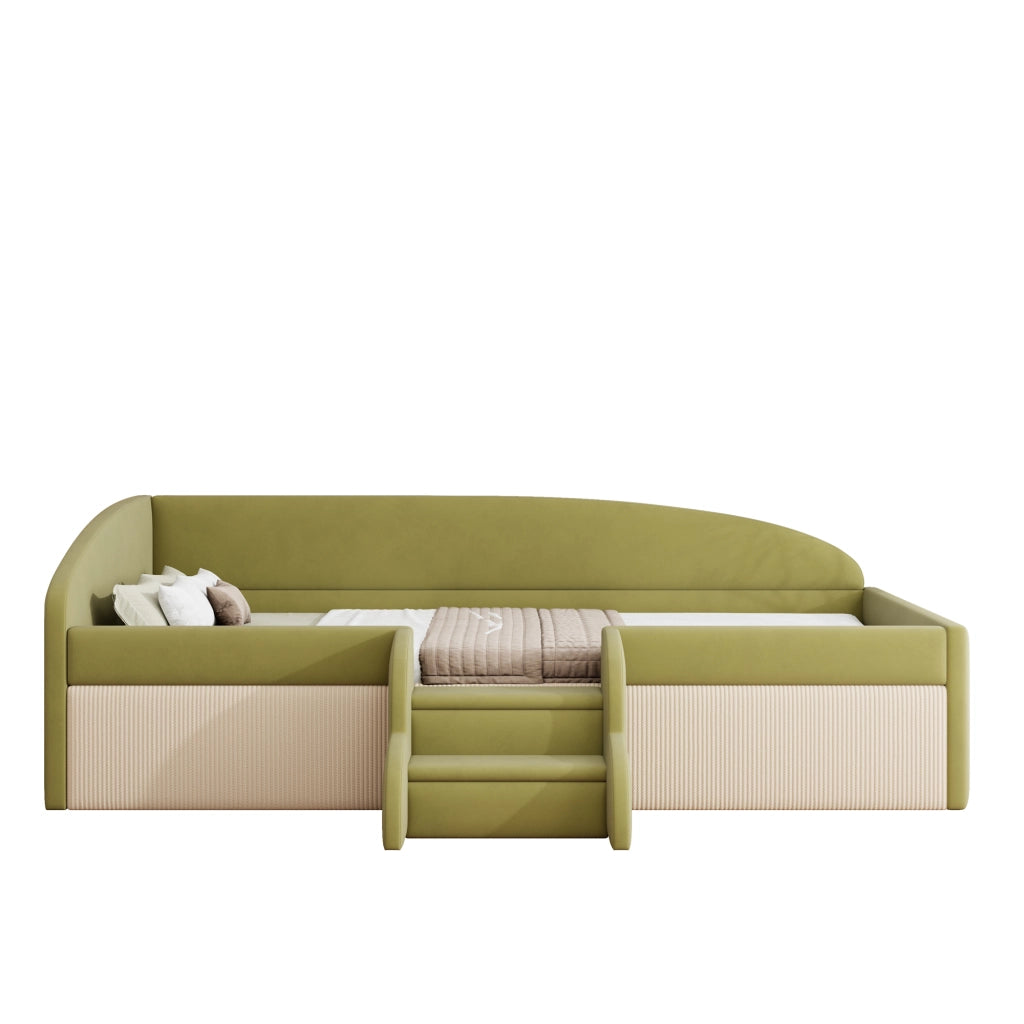 Letto per bambini 90 × 190 cm con sponde di sicurezza e gradini antiscivolo, senza materasso, in velluto, verde