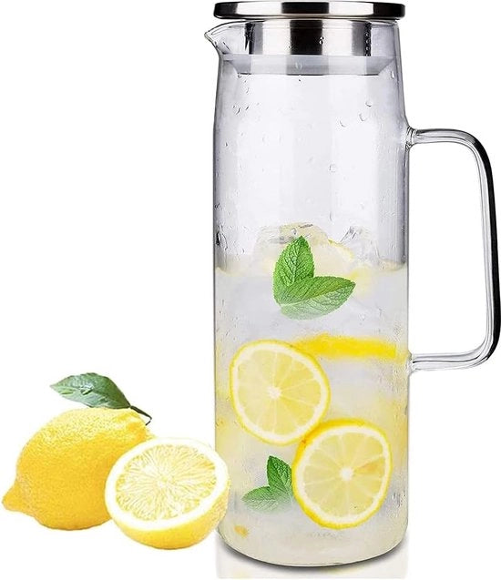 Karaf in vetro da 1,5 litri con 304 coperchi in acciaio inossidabile per bibite, tè e caffè, capacità 53 oz