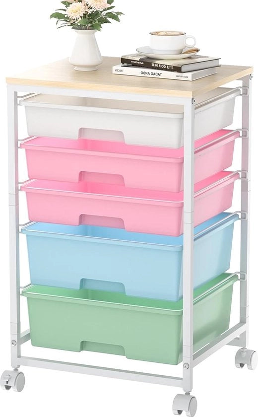 Carrello di stoccaggio su ruote, trolley con 5 contenitori, vettura multifunzionale con tavolo in legno per cucina, soggiorno, camera da letto, ufficio, grande capacità, colorato