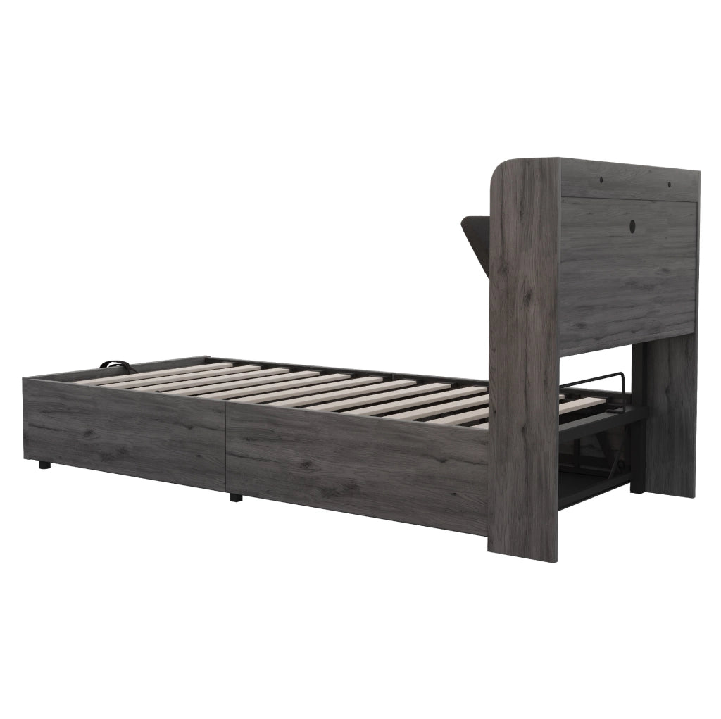 Letto singolo 90x200 cm con contenitore idraulico, USB e USB-C in MDF e compensato grigio