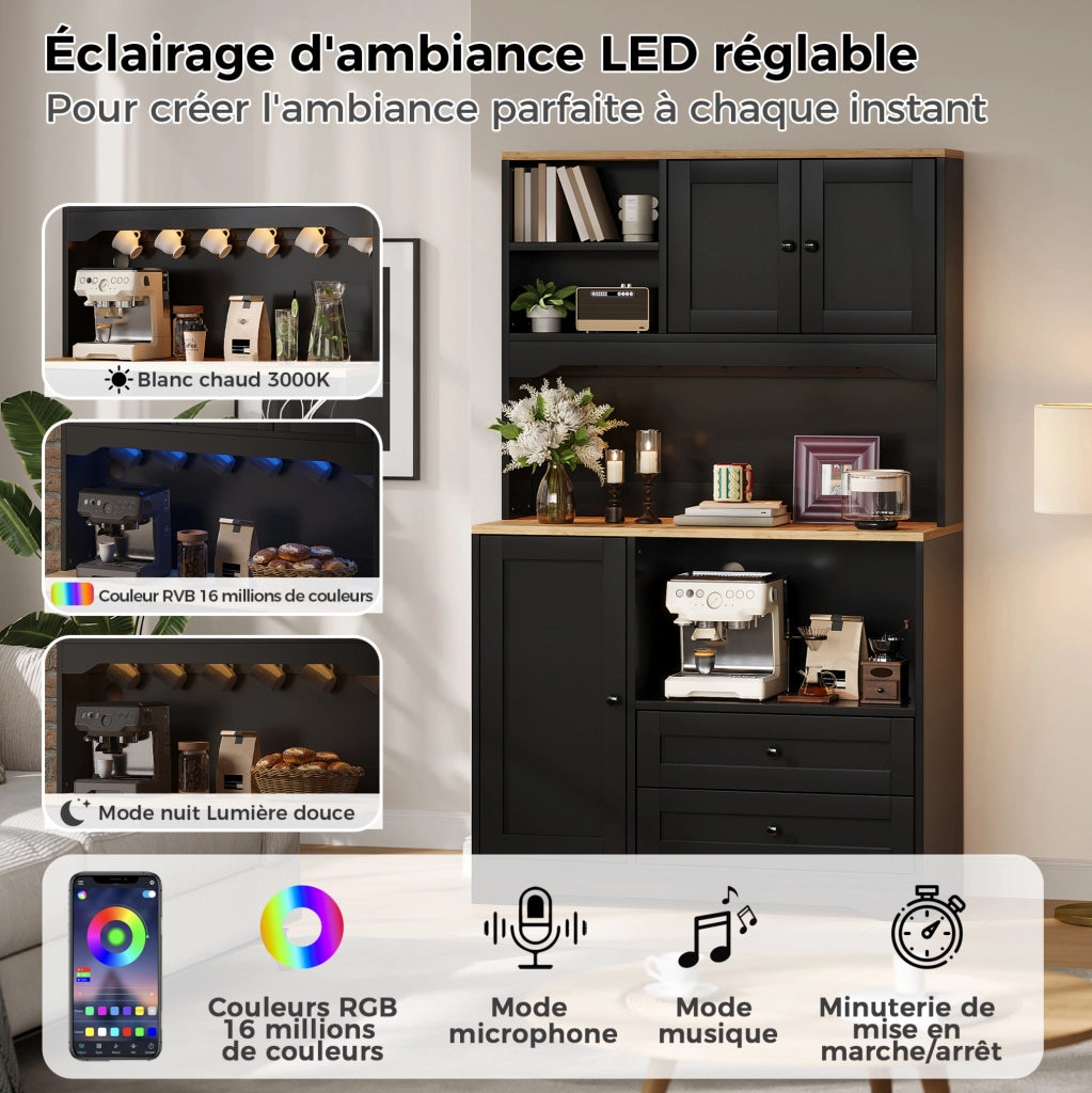Buffet cucina multifunzionale con LED e prese; vano microonde 100x40x163 cm; nero