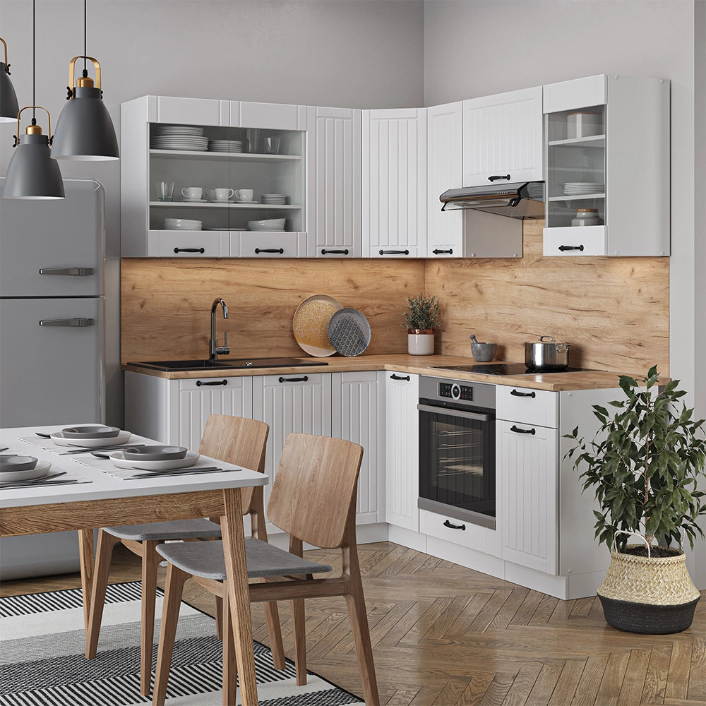 Vicco Cucina angolare completa Casa di campagna bianca/bianco 160 x 60 cm senza piano di lavoro