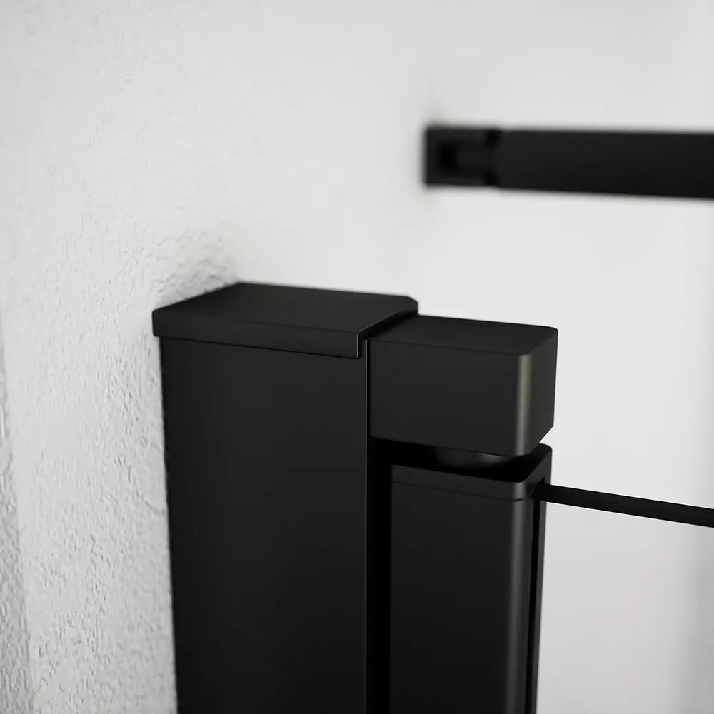 Box doccia 90x90cm con apertura saloon e parete fissa, profili nero opaco e vetro da 6mm trasparente h195 | Elba