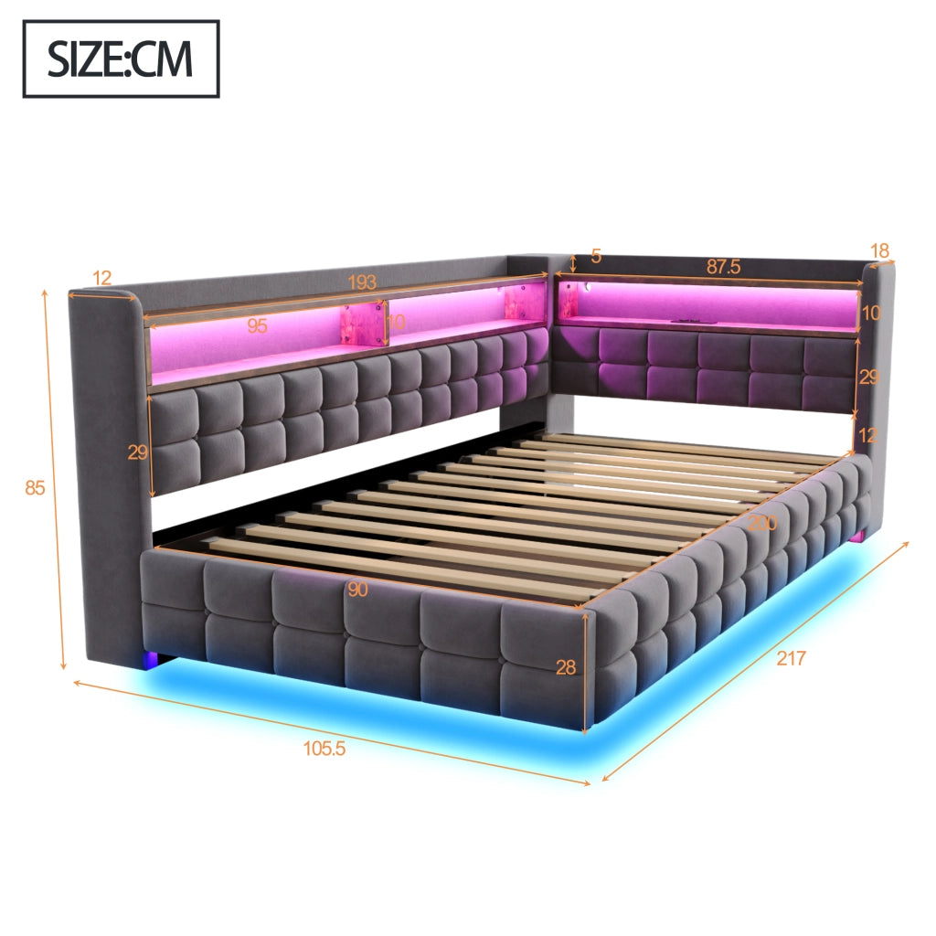 DESMIU Letto Divano 1 Posto con Contenitore, Mensole, USB, Tipo C e LED 90 × 200 cm, senza materasso
