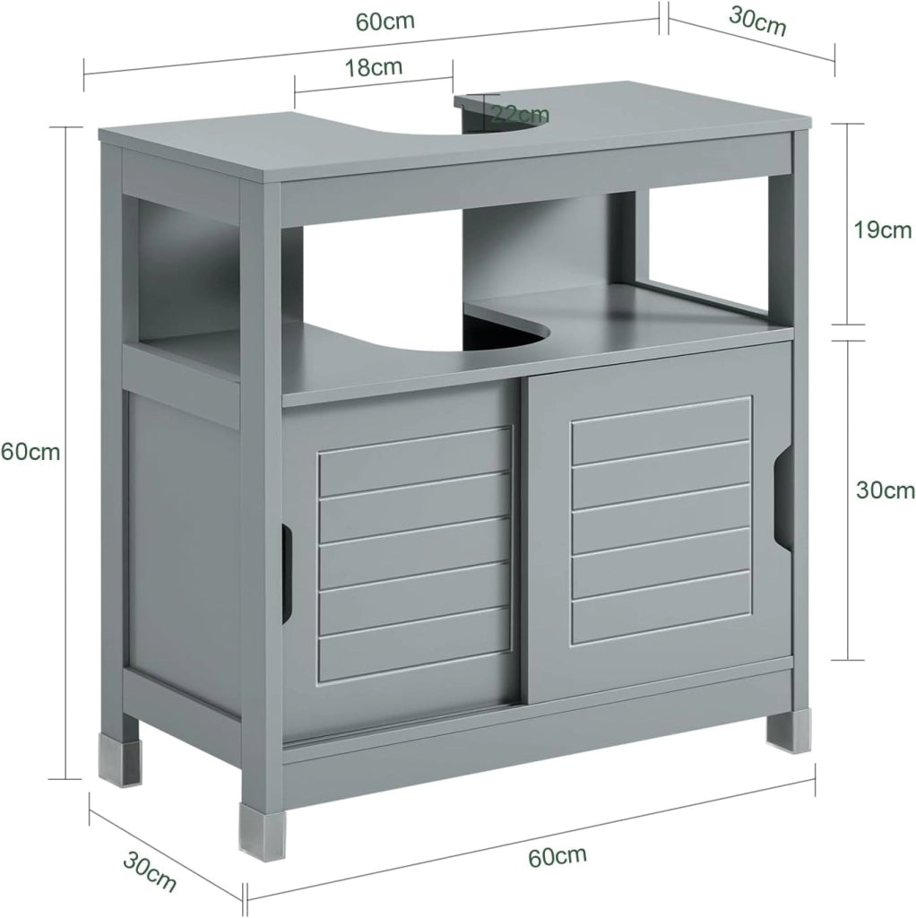Mobile Bagno Sottolavabo Salvaspazio - Armadietto con 2 Ante Scorrevoli e Ripiano Aperto - Mobiletto Lavandino Compatto per Bagno Moderno Piccolo - Grigio, 60x30x60cm, FRG128-II-SG
