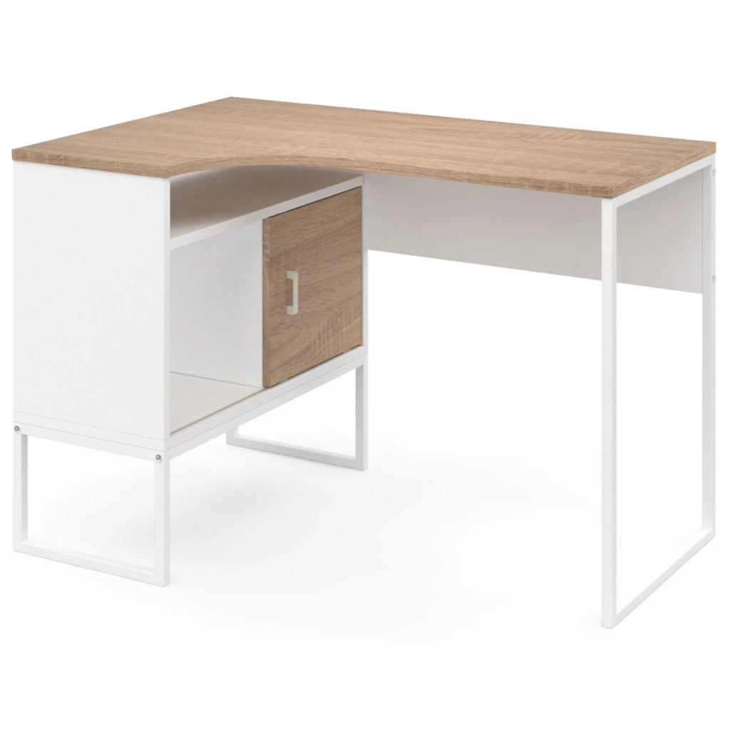IDMarket - Scrivania angolare ROB in bianco e faggio con nicchia di contenimento e anta dal design industriale
