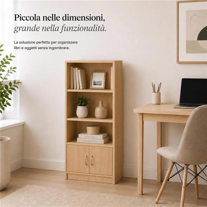 LIBRERIA IN MDF ROVERE CON TRE RIPIANI E DUE ANTE MISURE: 51X24X120CM