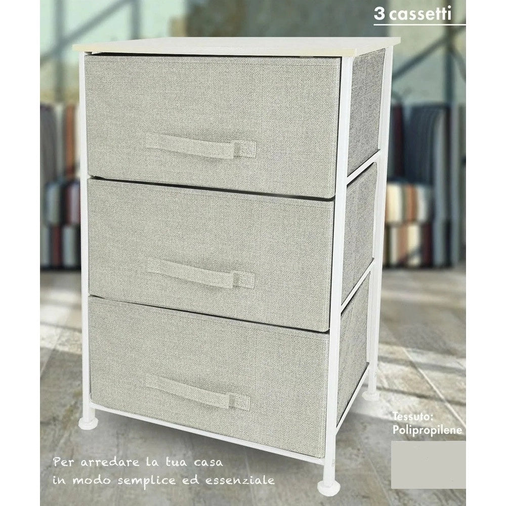 Trade Shop - Mobiletto Multiuso Con 3 Cassetti In Tessuto Beige Design Salvaspazio Casa H73x45x30cm -