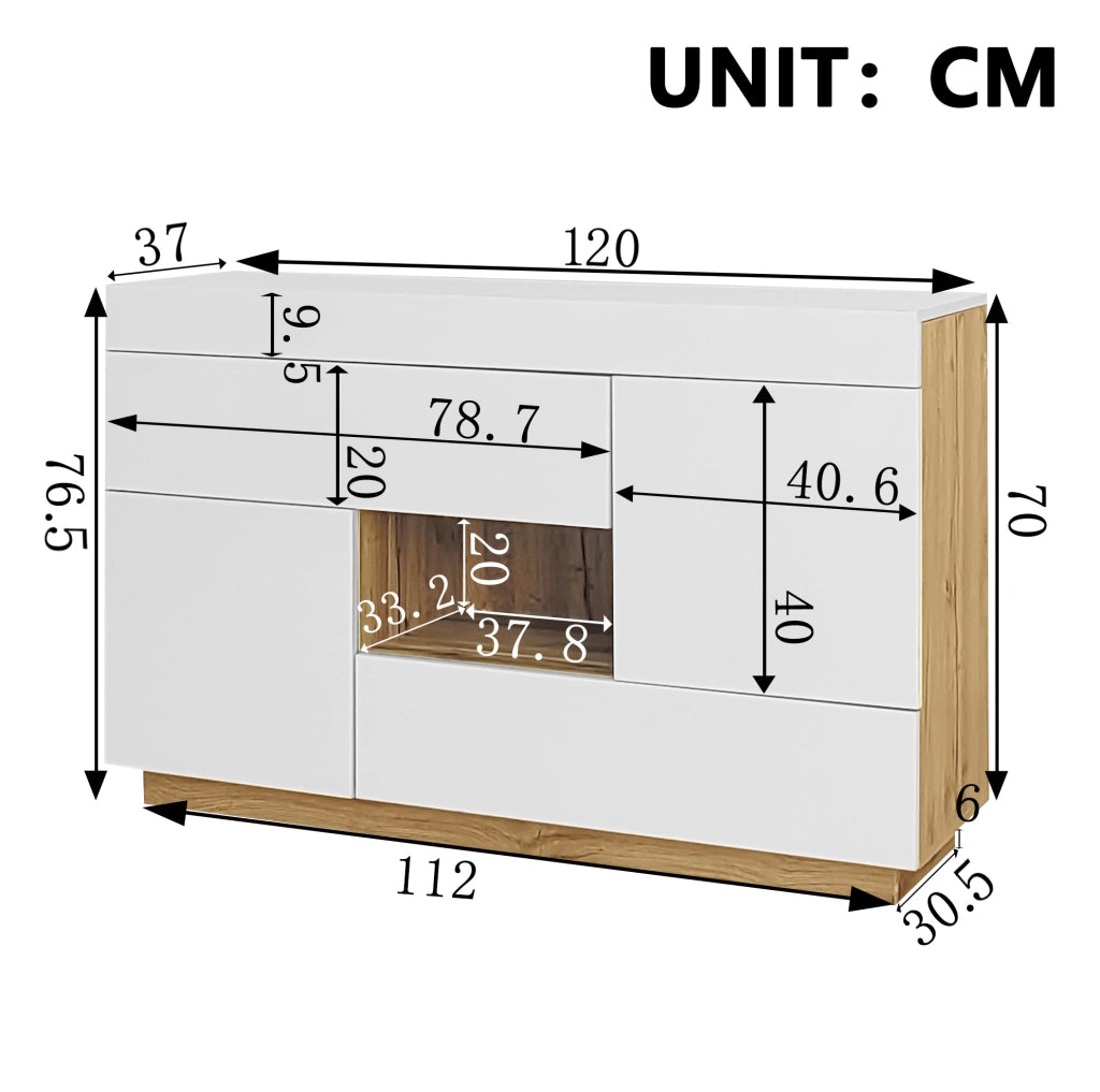 Credenza bicolore con 2 cassetti; 2 ante; vano aperto e LED app a 16 colori