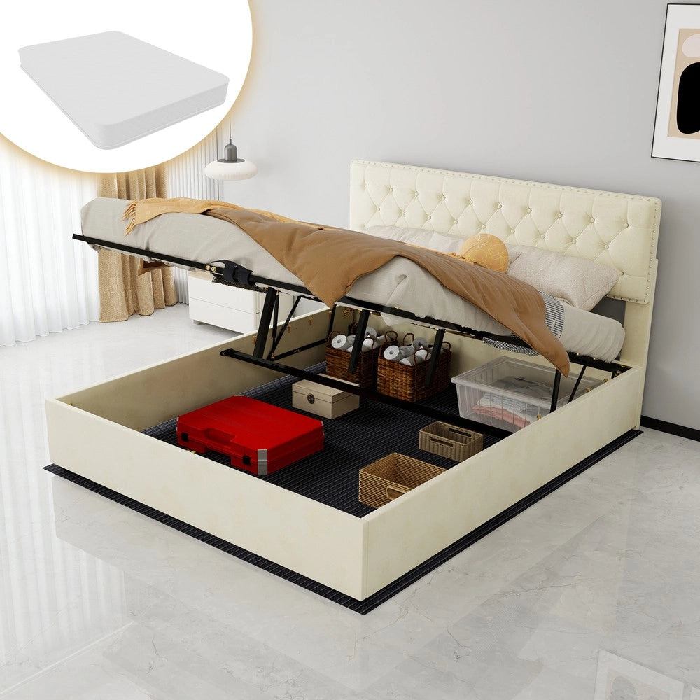 Letto Contenitore Imbottito con Materasso ¨C MINIMAL ¨C Velluto Beige 160x200
