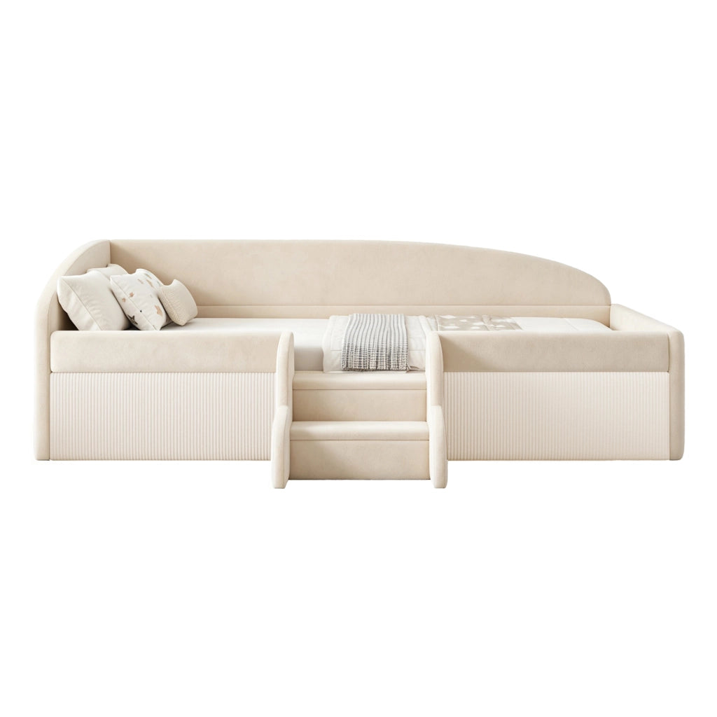LETTO per bambini 90x190 cm in velluto beige con scale e sponde