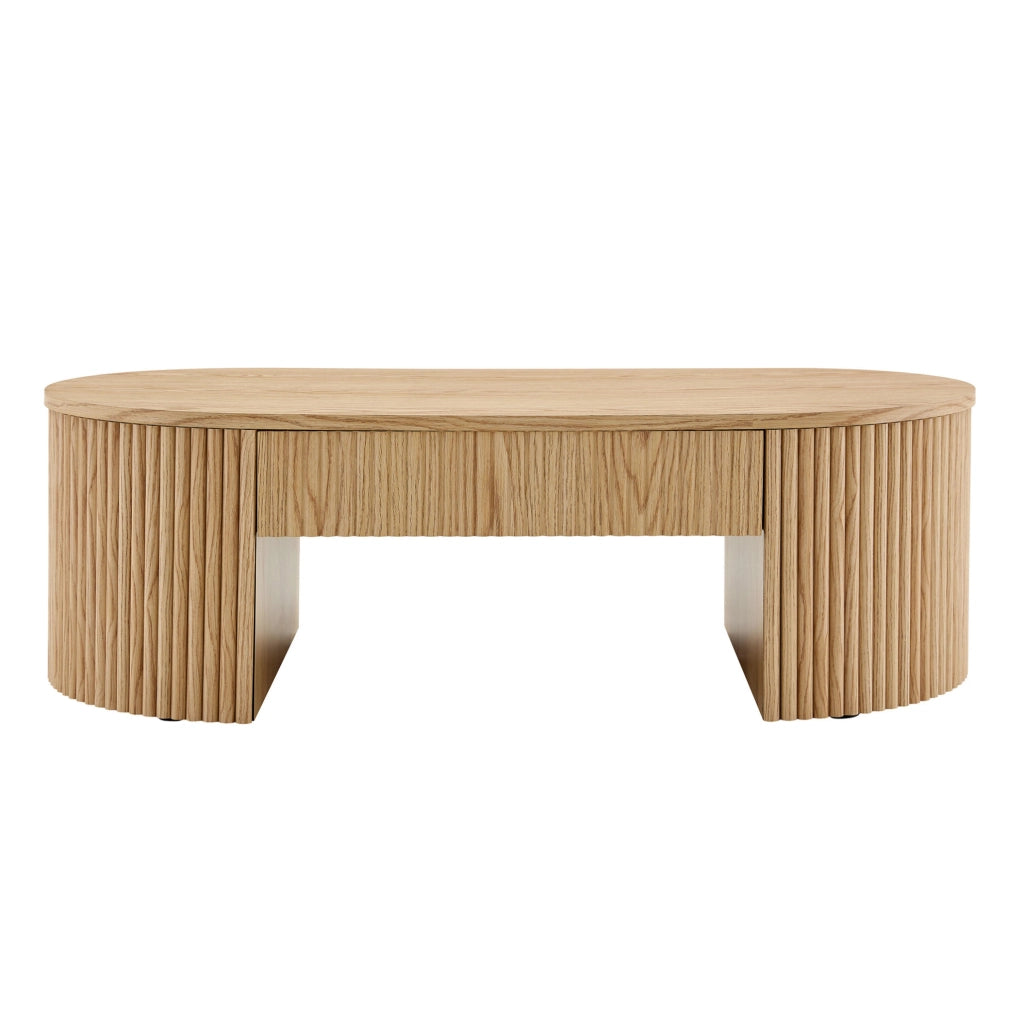 Tavolino da caffè 118x65x17 cm con cassetto e finitura scanalata in MDF naturale
