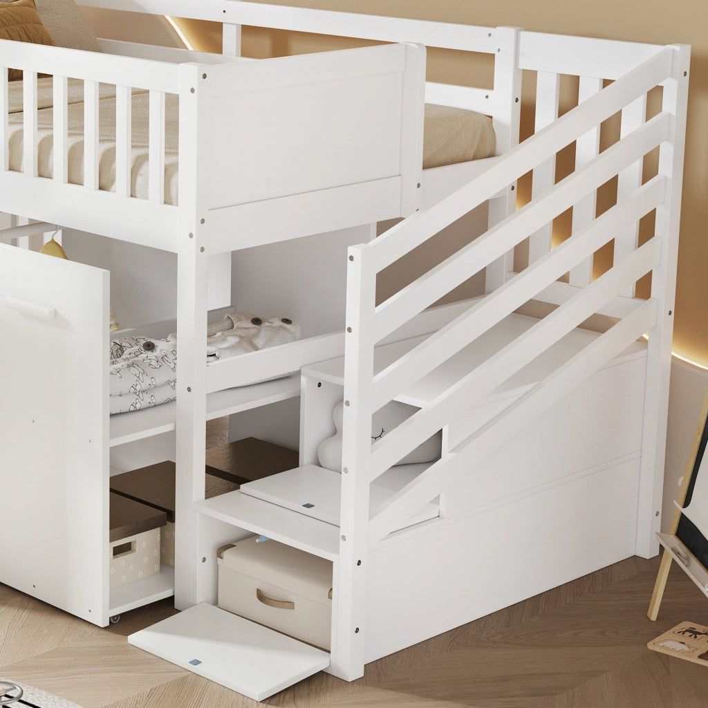 OKWISH Letto a Castello 90×200 cm, Letto Singolo con Scrivania Scorrevole, Armadi, 3 Armadietti e 2 vani Scala, senza Materasso, Bianco