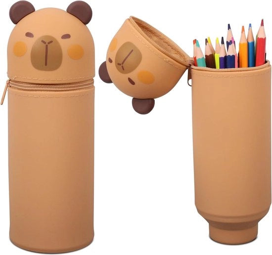 Etui per pennarelli 2 in 1 - siliconizzato - con chiusura a raccordo - tappo in piedi - contenitore per pennarelli per scuola - per ufficio - in silicone - marrone - kawaii